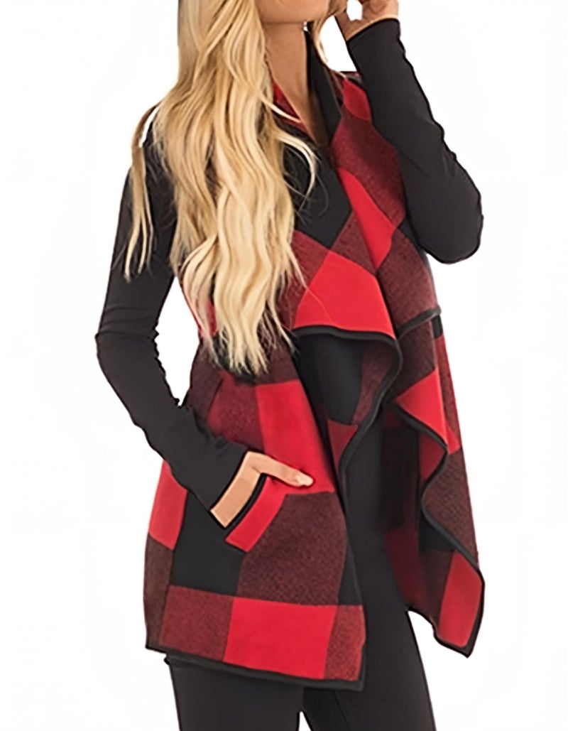 Unidear Womens buffalo Plaid Vest Casual Lapel Open Front Sleeveless Cardigan Jacket Coat Outfits with Pockets Red and Black XXL - Image 4